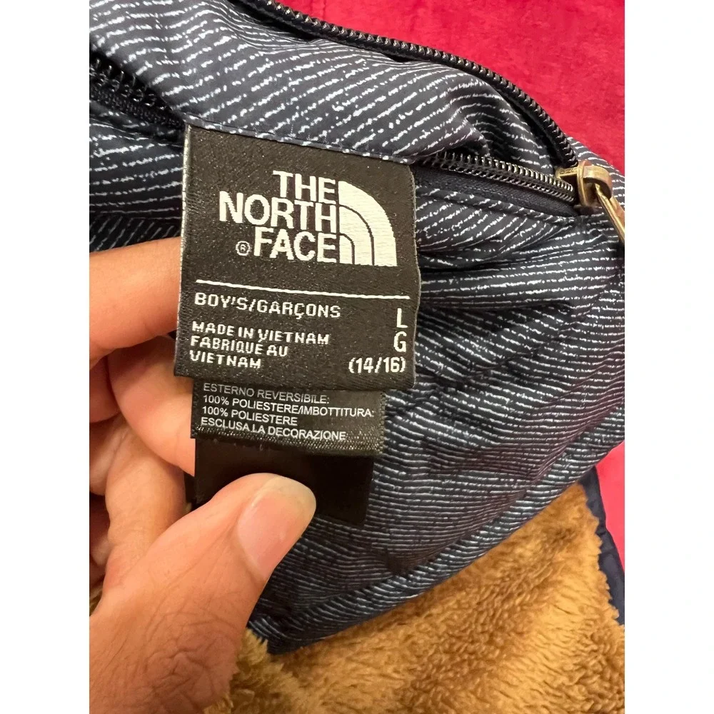 The North Face Puffer Jacket Boys Large Navy Blue Reversible Fleece Brown